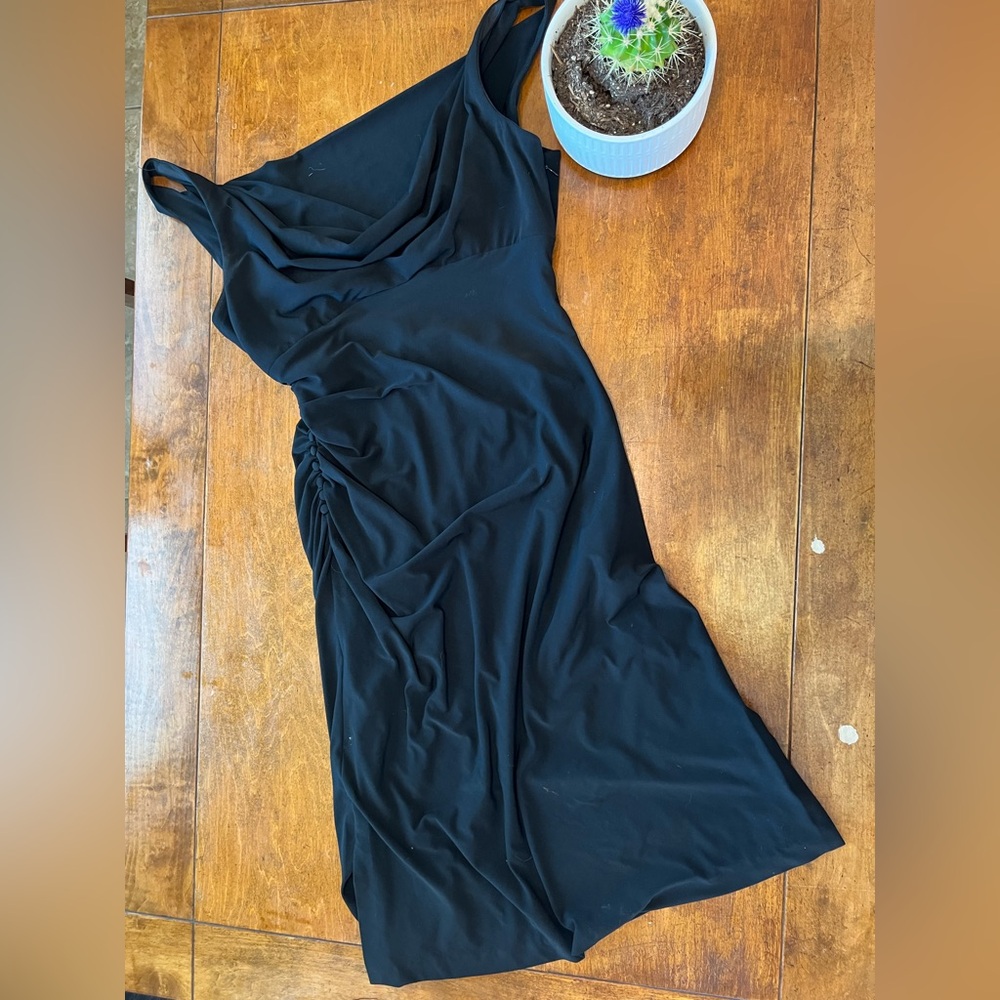 White House Black Market Black Cowl Neck Cocktail Dress Ruched Size 10 NWT